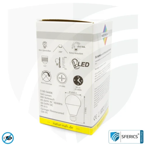8 watt LED full spectrum | bright like 60 watts, 560 lumens | CRI 95 | flickerfree | daylight | E27 | business quality
