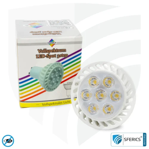 6 watt LED spot full spectrum 3step | dimming without dimmer: bright like 35 watts (100%), 50% or 15%, 480 lumens | CRI 95 | flickerfree | daylight | GU10 | business quality