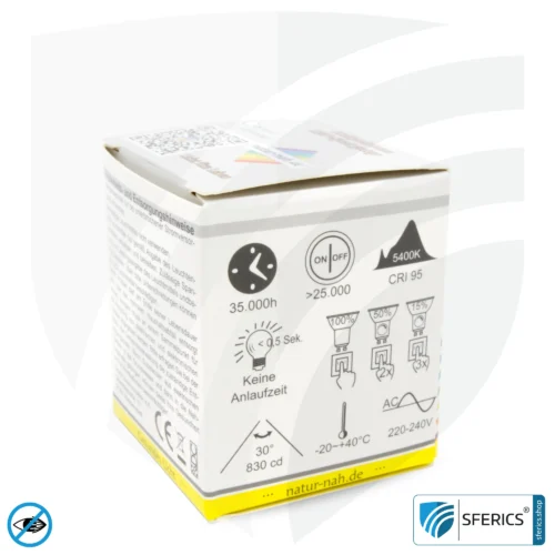 6 watt LED spot full spectrum 3step | dimming without dimmer: bright like 35 watts (100%), 50% or 15%, 480 lumens | CRI 95 | flickerfree | daylight | GU10 | business quality