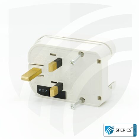 Adapter SCP3 Schuko plug type EF to UK plug type G | with high quality grounding and 13 amp fuse | travel adapter