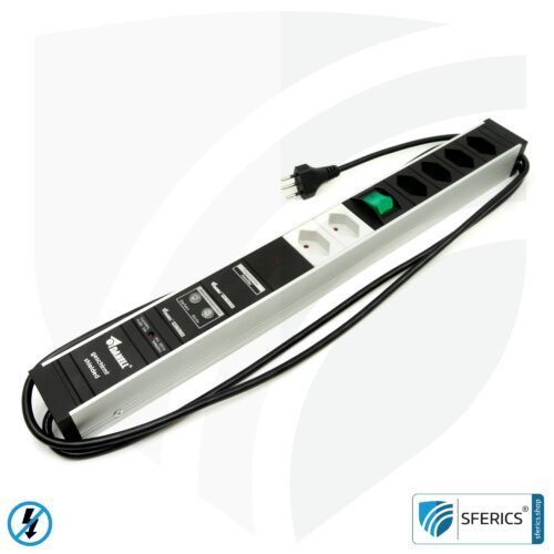 PC socket strip 6-way (4+2), shielded LF | with on/off switch, overvoltage protection and full protection HF filter system up to 80 MHz | Type J (Switzerland /LI)