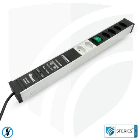 PC socket strip 6-way (4+2), shielded LF | with on/off switch, overvoltage protection and full protection HF filter system up to 80 MHz | Type J (Switzerland /LI)