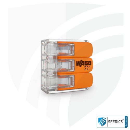 WAGO compact splicing connector, series 221 | model 221-413 | for 3 solid, fine-stranded and stranded cables | alternative to classic connector blocks