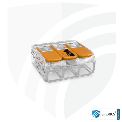 WAGO compact splicing connector, series 221 | model 221-413 | for 3 solid, fine-stranded and stranded cables | alternative to classic connector blocks