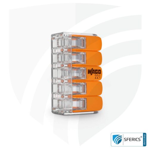 WAGO compact splicing connector, series 221 | model 221-415 | for 5 solid, fine-stranded and stranded cables | alternative to classic connector blocks