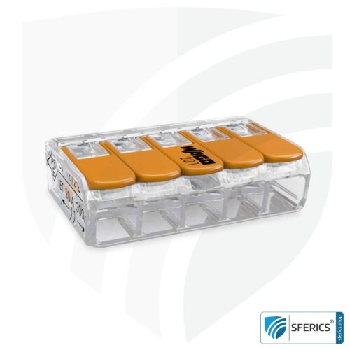 WAGO compact splicing connector, series 221 | model 221-415 | for 5 solid, fine-stranded and stranded cables | alternative to classic connector blocks