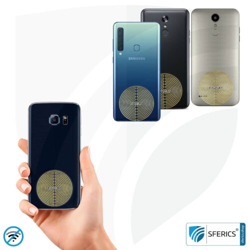 FAZUP antenna patch | edition GOLD | ferrite core for the wired headset included | innovative technology against electrosmog | protects against unnecessarily high radiation from your own mobile phone