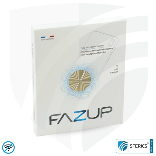 FAZUP antenna patch | edition GOLD | ferrite core for the wired headset included | innovative technology against electrosmog | protects against unnecessarily high radiation from your own mobile phone