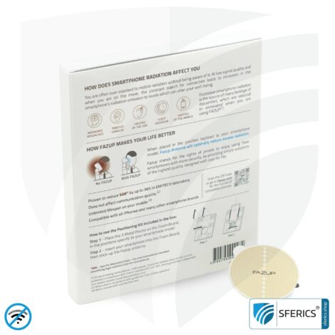 FAZUP antenna patch | edition GOLD | ferrite core for the wired headset included | innovative technology against electrosmog | protects against unnecessarily high radiation from your own mobile phone