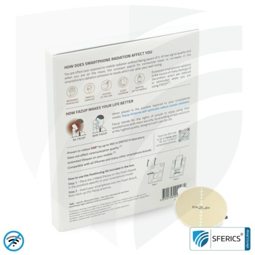FAZUP antenna patch | edition GOLD | ferrite core for the wired headset included | innovative technology against electrosmog | protects against unnecessarily high radiation from your own mobile phone