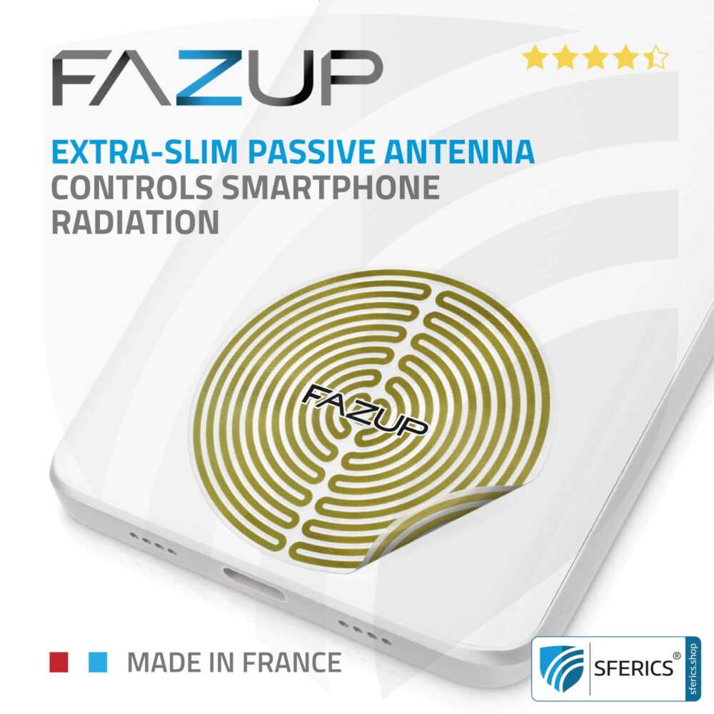 FAZUP antenna patch | edition GOLD | ferrite core for the wired headset included | innovative technology against electrosmog | protects against unnecessarily high radiation from your own mobile phone