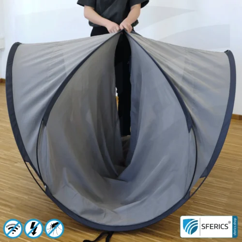 Shielding Tent SAFECAVE Pop Up Litter Tent | anti electrosmog full protection | mobile radiation protection against WIFI, cell phone, LTE, 5G, ... with efficiency up to 99.99% (42 dB) | LF groundable