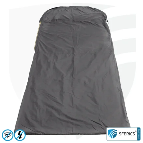 Shielding sleeping bag Electrosmog PRO | mobile radiation protection against WIFI, cell phone, LTE, 5G, ... with efficiency over 99.99% (42 dB) | free-standing, without ceiling suspension | LF groundable