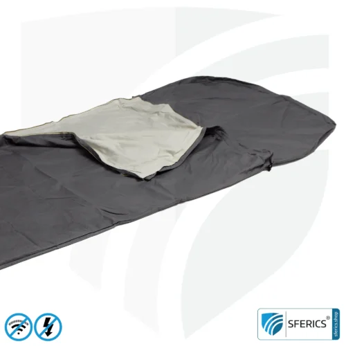 Shielding sleeping bag Electrosmog PRO | mobile radiation protection against WIFI, cell phone, LTE, 5G, ... with efficiency over 99.99% (42 dB) | free-standing, without ceiling suspension | LF groundable