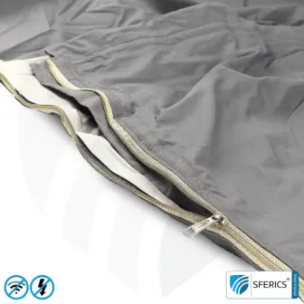 Shielding sleeping bag Electrosmog PRO | mobile radiation protection against WIFI, cell phone, LTE, 5G, ... with efficiency over 99,99% (42 dB) | LF groundable 25 Shielding sleeping bag Electrosmog PRO | mobile radiation protection against WIFI, cell phone, LTE, 5G, ... with efficiency over 99.99% (42 dB) | free-standing, without ceiling suspension | LF groundable