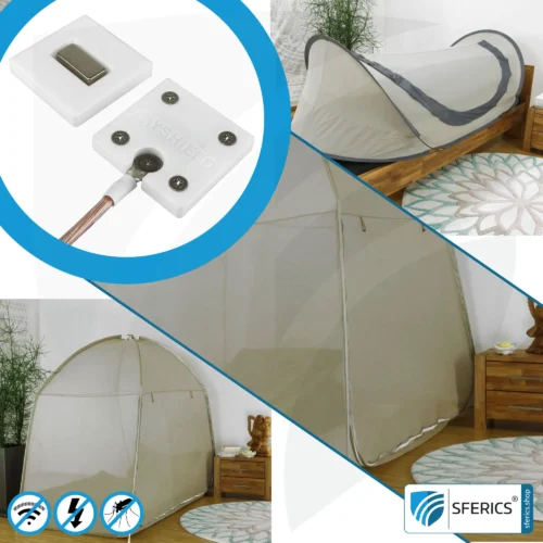 Individual extension of the SAFECAVE shielding tent | activation of the grounding of the tent for shielding alternating electric fields LF