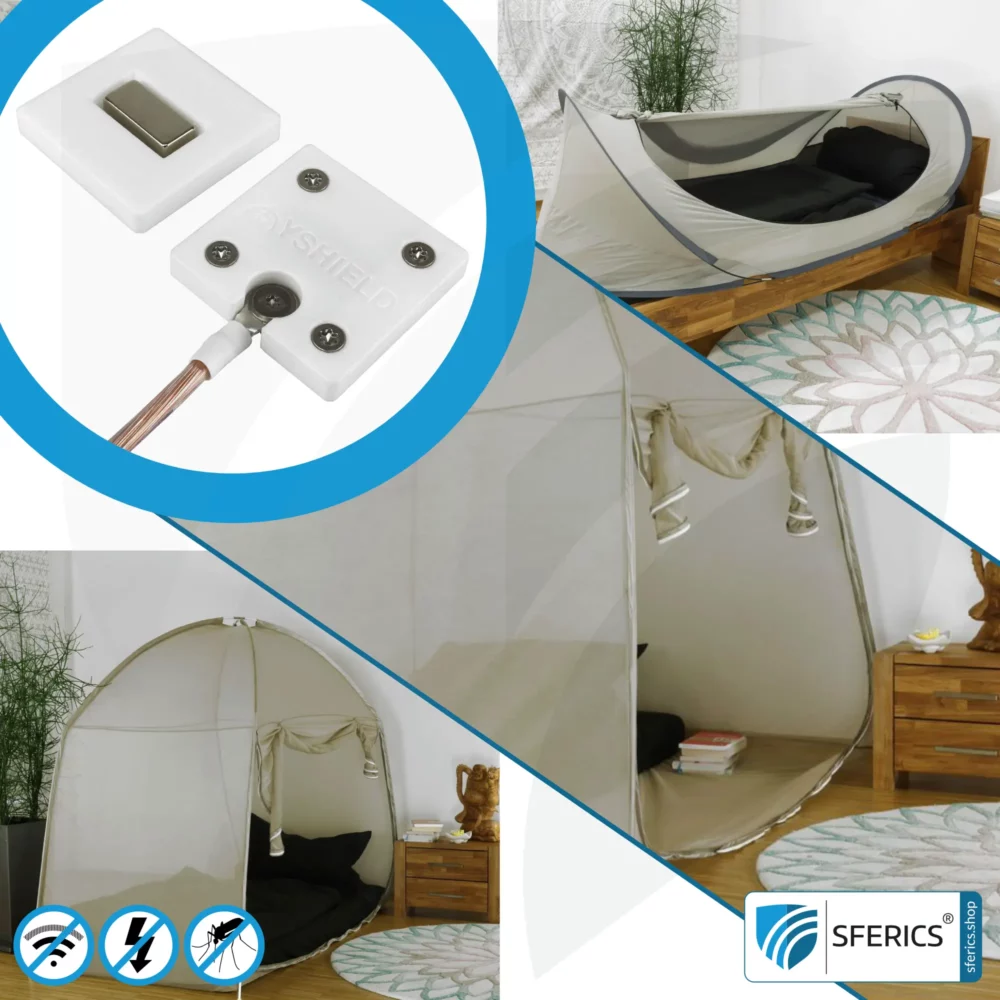 Individual extension of the SAFECAVE shielding tent | activation of the grounding of the tent for shielding alternating electric fields LF