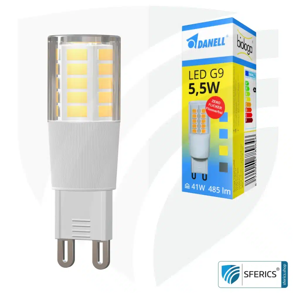 5.5 watt LED G9 | bright as 41 watts, 485 lumens | CRI 95 | flicker-free | warm white | alternative to high-voltage halogen G9