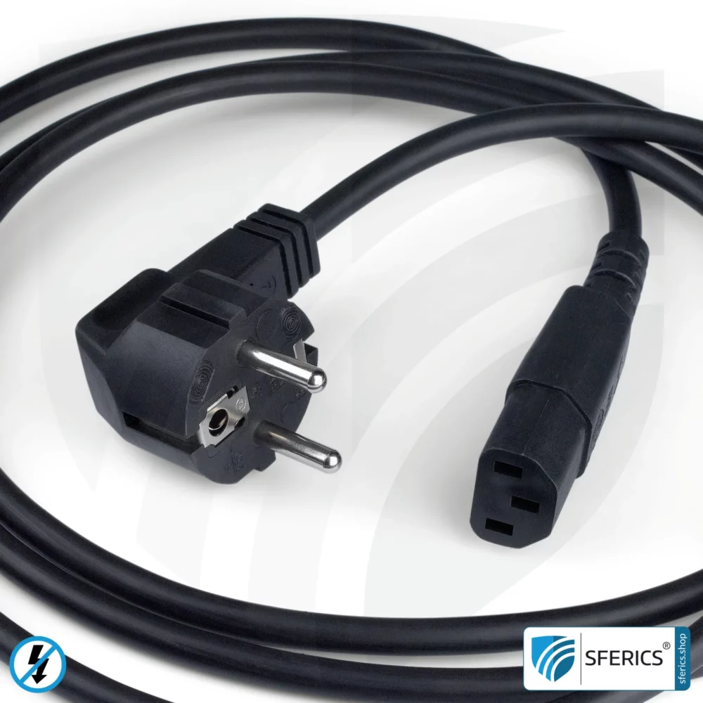 Shielded IEC cable with C13 plug | black | 2 meters | Cold device connection cable for shielding electrical and magnetic alternating fields LF