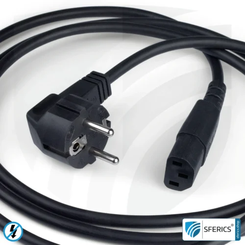 Shielded IEC cable with C13 plug | black | 2 meters | Cold device connection cable for shielding electrical and magnetic alternating fields LF
