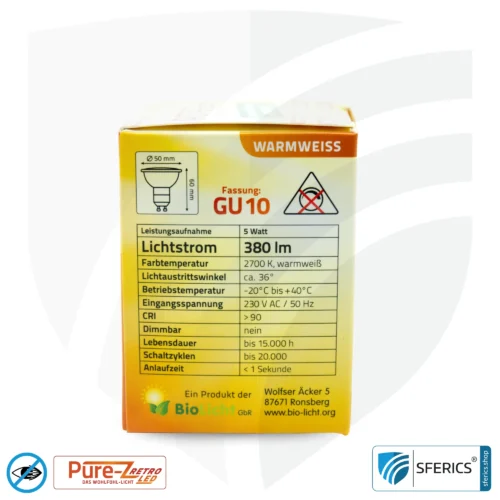 5 watt LED spot Pure-Z-Retro | bright as 40 watts, 380 lumens | CRI over 90 | flicker-free | warm white | GU10