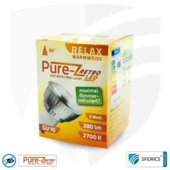 5 watt LED spot Pure-Z-Retro | bright as 40 watts, 380 lumens | CRI >90 | flicker-free | warm white | GU10 18 5 watt LED spot Pure-Z-Retro | bright as 40 watts, 380 lumens | CRI over 90 | flicker-free | warm white | GU10