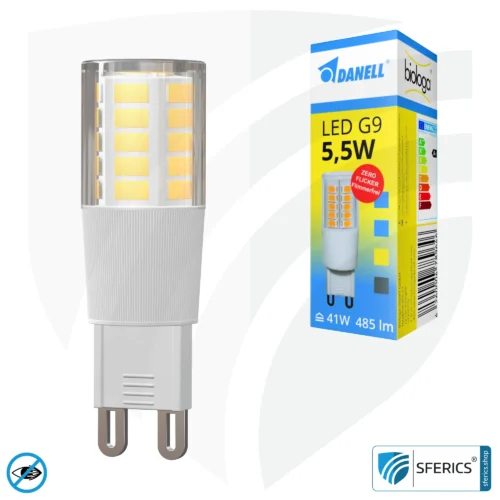 5.5 watt LED G9 | bright as 41 watts, 485 lumens | CRI 95 | flicker-free | warm white | alternative to high-voltage halogen G9