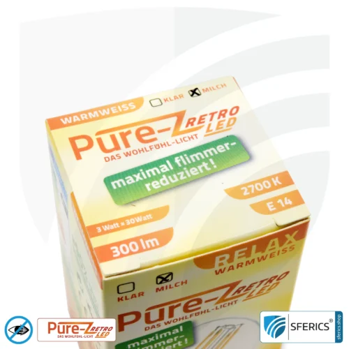 3 watt LED filament Pure-Z Retro | bright as 30 watts, 300 lumens | CRI über 90 | flicker-free | warm white | E14