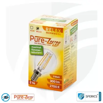 3 watt LED filament Pure-Z Retro | bright as 30 watts, 300 lumens | CRI >90 | flicker-free | warm white | E14 11 3 watt LED filament Pure-Z Retro | bright as 30 watts, 300 lumens | CRI über 90 | flicker-free | warm white | E14