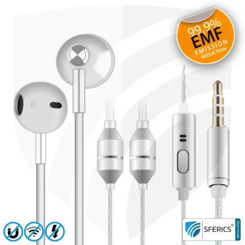 Radiation-Free SFERICS® Ergonomic In-Ear Stereo Headphones | AirTube MINI with 3,5 mm jack | Electrosmog-reducing headset with Air Tube technology and powerful microphone | white-silver