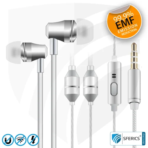 Radiation-free SFERICS® In-Ear Stereo Headset | AirTube SMART with 3,5 mm jack | Electrosmog-reducing headphones with Air Tube technology and powerful microphone | white-silver