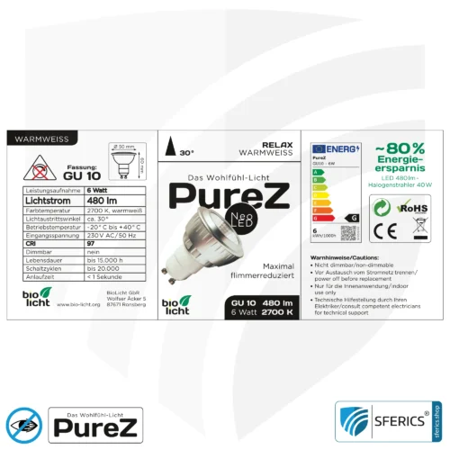 6 watt LED spot Pure-Z NEO| bright as 40 watts, 480 lumens | CRI 97 | flicker-free | warm white | GU10