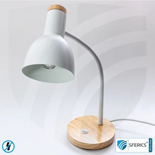 Shielded table lamp BERLIN | powder-coated, white | Gooseneck, rotatable in all directions | Bamboo wooden base | E14 socket + G9 adapter