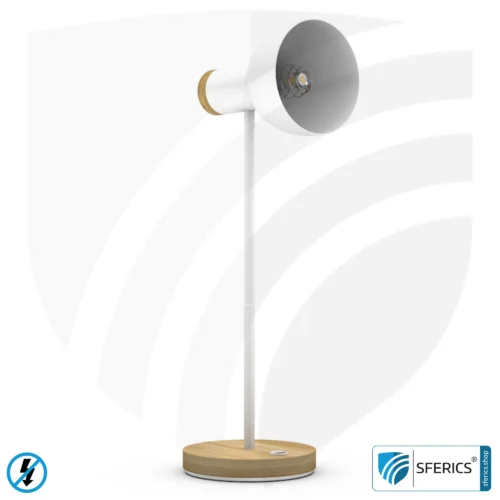 Shielded table lamp BERLIN | powder-coated, white | Gooseneck, rotatable in all directions | Bamboo wooden base | E14 socket + G9 adapter