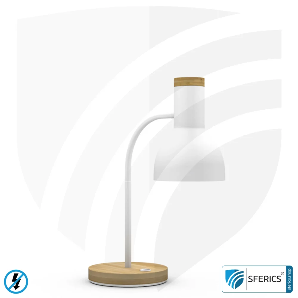 Shielded table lamp BERLIN | powder-coated, white | Gooseneck, rotatable in all directions | Bamboo wooden base | E14 socket + G9 adapter
