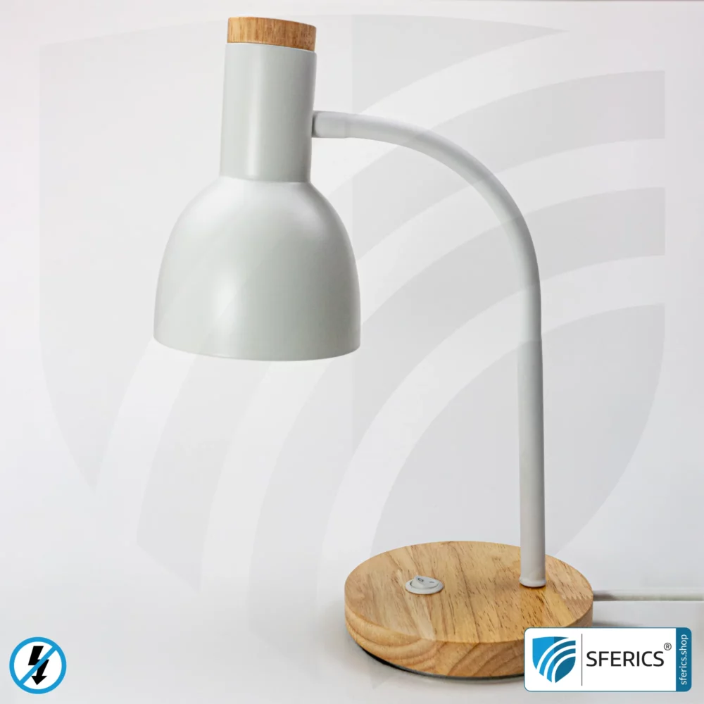 Shielded table lamp BERLIN | powder-coated, white | Gooseneck, rotatable in all directions | Bamboo wooden base | E14 socket + G9 adapter