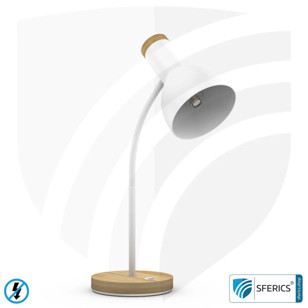 Shielded table lamp BERLIN | powder-coated, white | Gooseneck, rotatable in all directions | Bamboo wooden base | E14 socket + G9 adapter