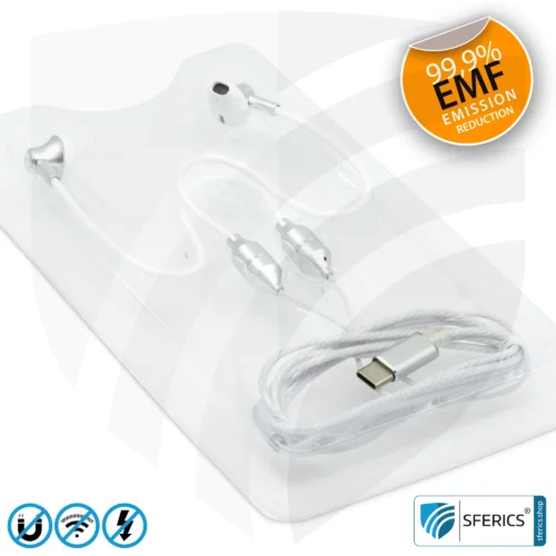 Radiation-Free SFERICS® Ergonomic In-Ear Stereo Headphones | AirTube MINI with USB C Connector | Electrosmog-reducing Headset with Air Cable Technology and Powerful Microphone | White-Silver 21 Air Tube Stereo Headset with Microphone | AirTube MINI | radiation-free technology without electrosmog | white-silver | with USB C plug for modern devices