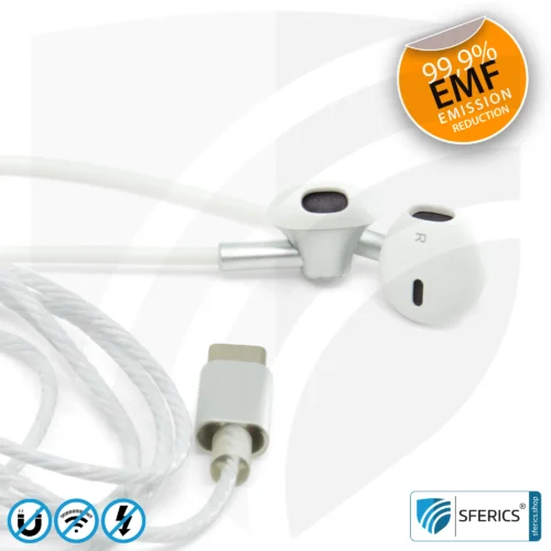 Radiation-Free SFERICS® Ergonomic In-Ear Stereo Headphones | AirTube MINI with USB C Connector | Electrosmog-reducing Headset with Air Cable Technology and Powerful Microphone | White-Silver 22 Air Tube Stereo Headset with Microphone | AirTube MINI | radiation-free technology without electrosmog | white-silver | with USB C plug for modern devices