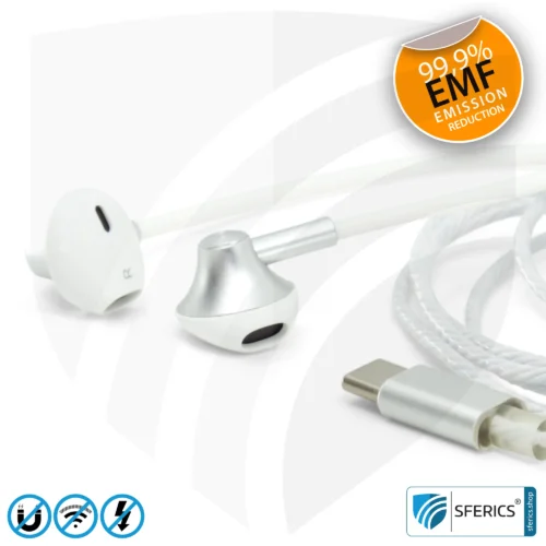 Radiation-Free SFERICS® Ergonomic In-Ear Stereo Headphones | AirTube MINI with USB C Connector | Electrosmog-reducing Headset with Air Cable Technology and Powerful Microphone | White-Silver 14 Air Tube Stereo Headset with Microphone | AirTube MINI | radiation-free technology without electrosmog | white-silver | with USB C plug for modern devices