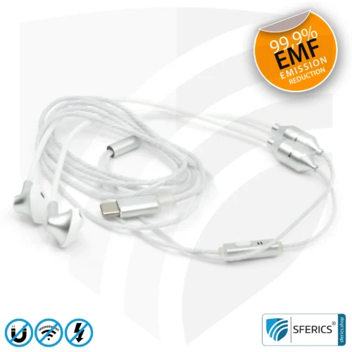 Radiation-Free SFERICS® Ergonomic In-Ear Stereo Headphones | AirTube MINI with USB C Connector | Electrosmog-reducing Headset with Air Cable Technology and Powerful Microphone | White-Silver 17 Air Tube Stereo Headset with Microphone | AirTube MINI | radiation-free technology without electrosmog | white-silver | with USB C plug for modern devices