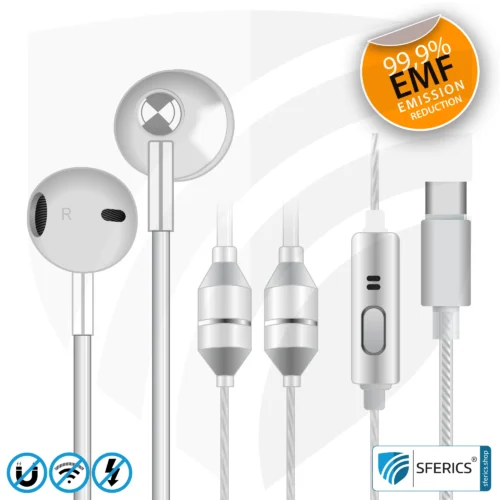 Radiation-Free SFERICS® Ergonomic In-Ear Stereo Headphones | AirTube MINI with USB C Connector | Electrosmog-reducing Headset with Air Cable Technology and Powerful Microphone | White-Silver