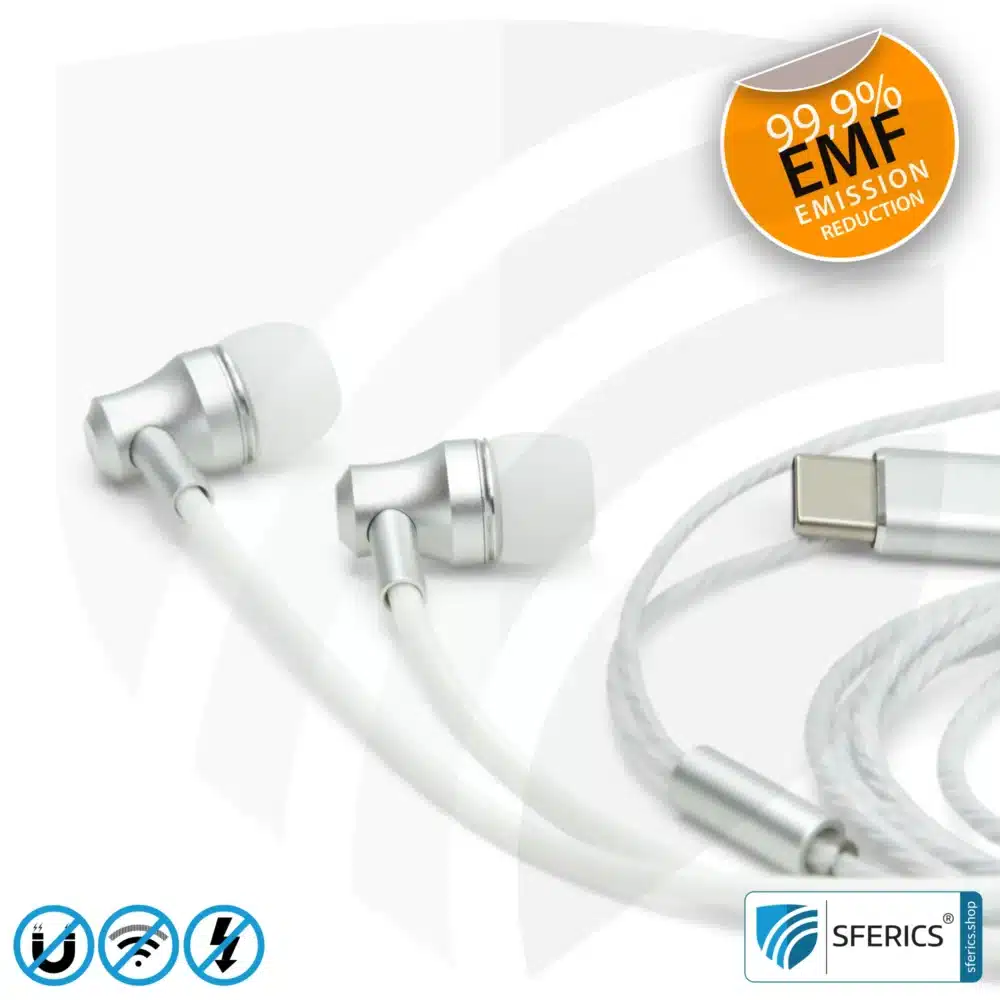 Air Tube In-Ear Stereo Headset with Microphone | AirTube SMART | radiation-free technology without electrosmog | white-silver | with USB C plug for modern devices