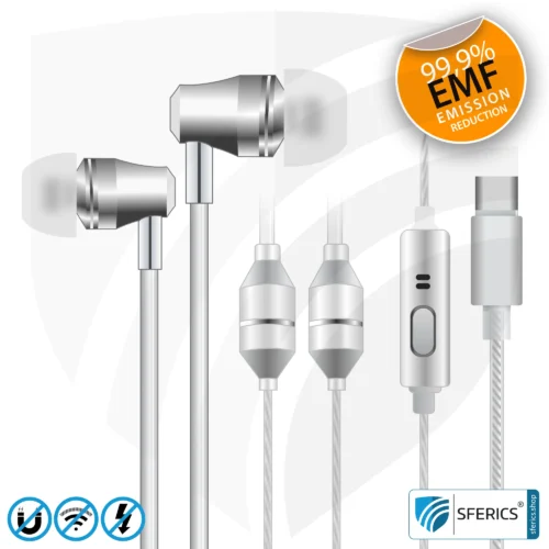 Radiation-free SFERICS® In-Ear Stereo Headset | AirTube SMART with USB C connector | Electrosmog-reducing headphones with air cable technology and powerful microphone | white-silver