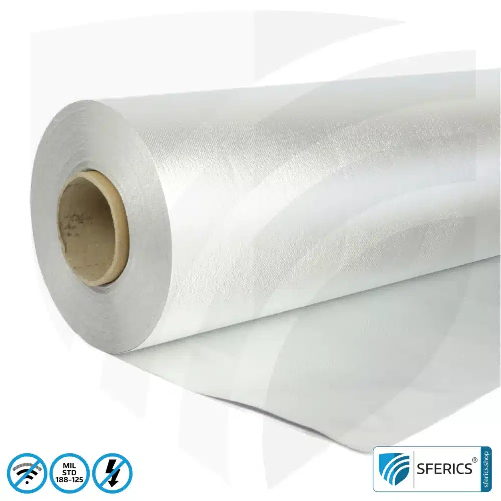 A300 HEMP | Shielding per Military Standard MIL-STD-188-125 | Double-laminated fleece for redundant high-end EMF shielding | RF attenuation up to 123 dB | Highly effective against radio waves + electromagnetic pulses. 90 cm width.