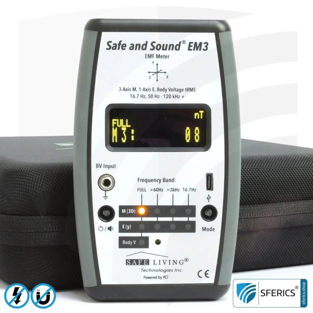 Safe & Sound EM3 Detector | Precise 3-in-1 EMF Low-Frequency Meter for Electrosmog | Frequency Range 16 Hz - 120 kHz | 3D Magnetic Field Measurement
