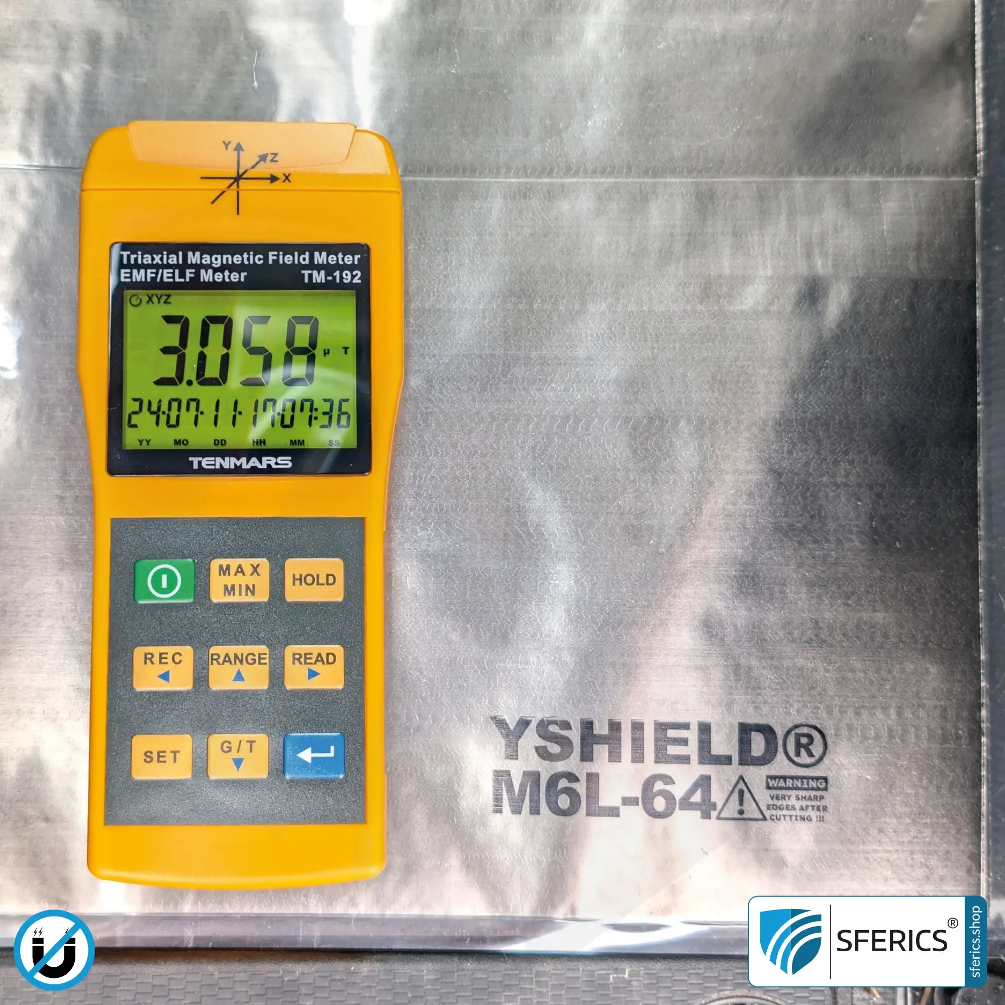 TENMARS TM-192 | Magnetic Field Meter | Triaxial Sensor (X/Y/Z), Frequency Range 30 - 2000 Hz, Display in mG or µT