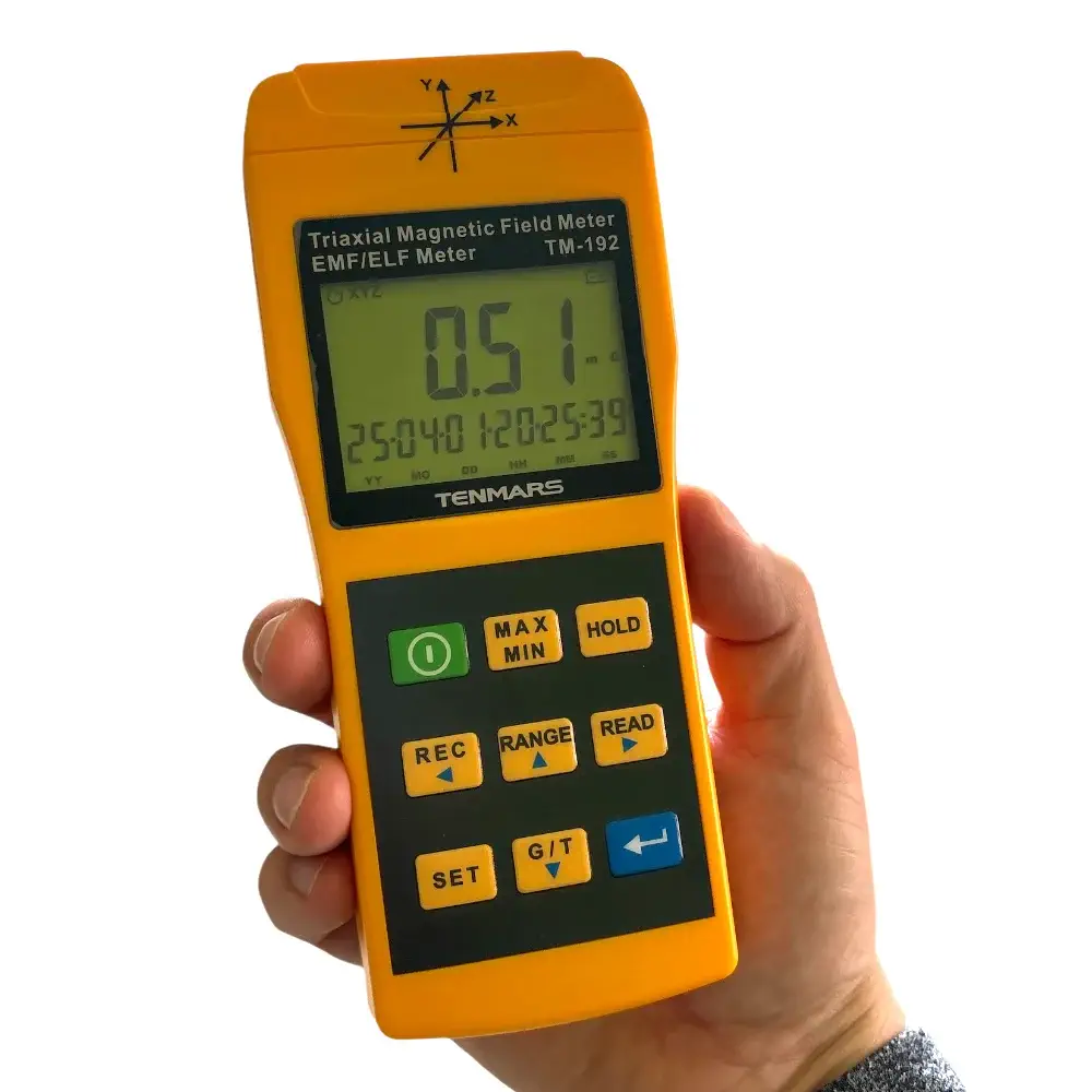 TENMARS TM-192 | Magnetic Field Meter | Triaxial Sensor (X/Y/Z), Frequency Range 30 - 2000 Hz, Display in mG or µT. Feedimage.