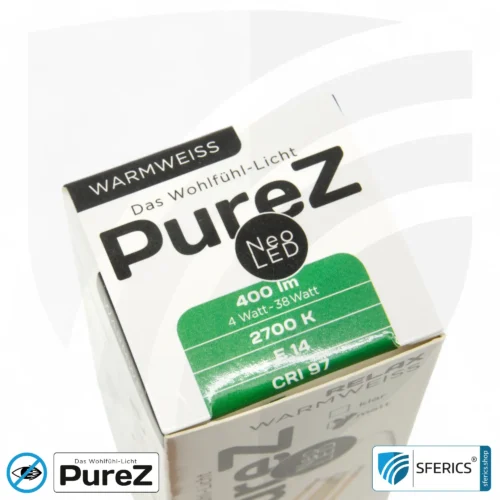 4 watt LED filament candle Pure-Z NEO | bright as 38 watts, 400 lumens | CRI 97 | flicker-free | warm white | E14 | frosted