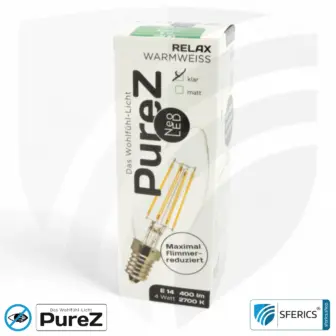 4 watt LED filament candle Pure-Z NEO | bright as 38 watts, 400 lumens | CRI 97 | flicker-free | warm white | E14 11 4 watt LED filament candle Pure-Z NEO | bright as 38 watts, 400 lumens | CRI 97 | flicker-free | warm white | E14 | clear